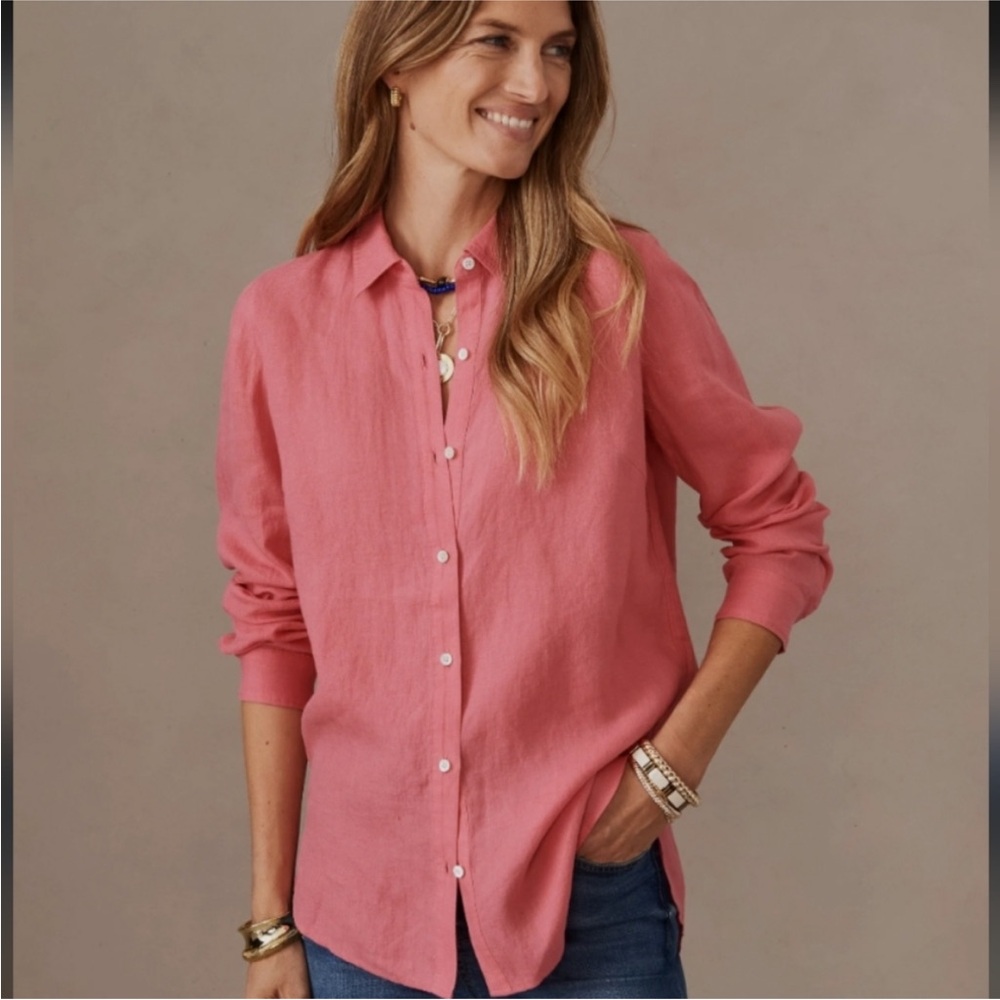 J. McLaughlin Tan and White Striped Britt Linen Button Down Shirt S - Picture 3 of 9